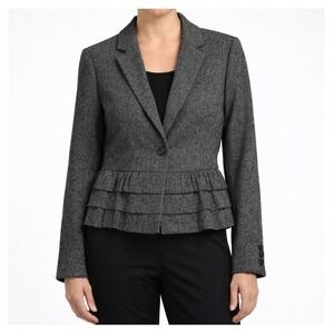 Ann Taylor LOFT Herringbone Wool Blend Ruffle Hem Blazer Jacket Grey Womens 6